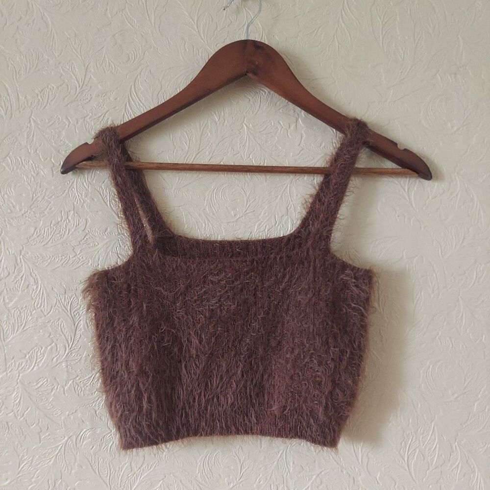 Brown Fuzzy Crop Top Knit Tank Small